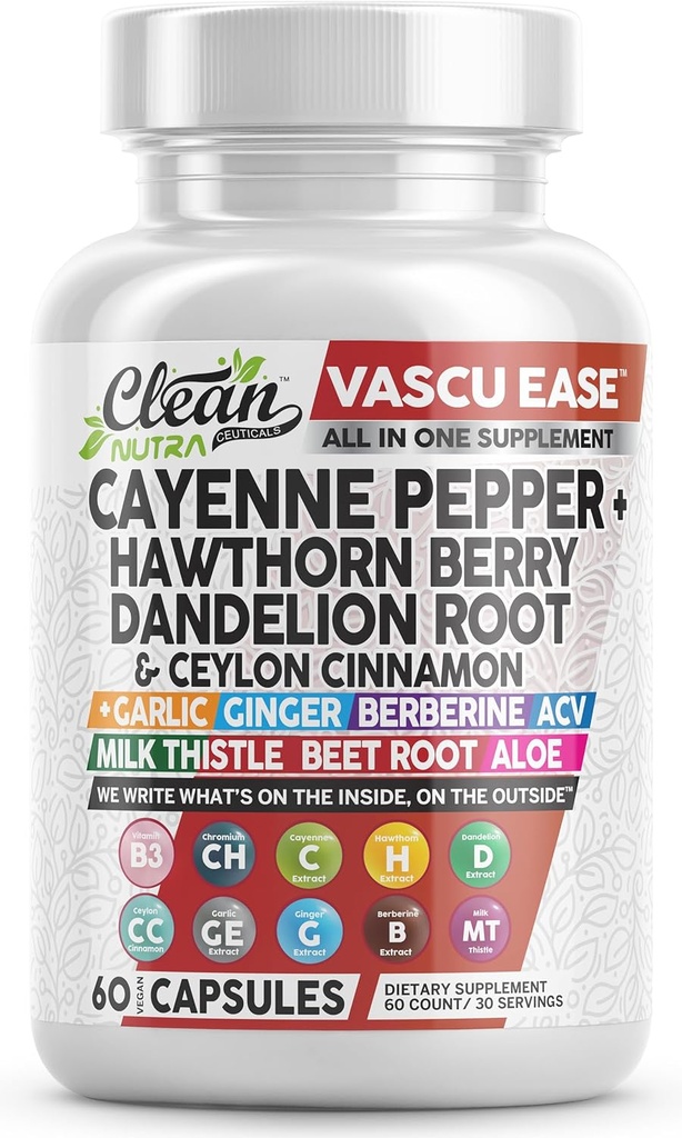 Limpio Nutra Cayenne Pepper Capsules Suplemento con Hawthorn Berry, Dandelion Root, Ceylon Cinnamon, Ajo, Ginger, Berberine, Apple Sider Vinegar, Milk Thistle, Beet Root, Aloe Vera Pills &amp; More