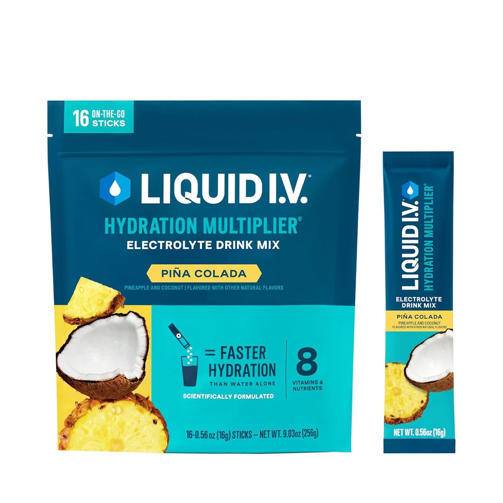 액체 I.V.® Hydration Multiplier® - Piña Colada - Hydration Powder Packets | Electrolyte Powder Drink Mix | 편리한 Single-Serving Stick | Non-GMO | 16 서빙 (12장)