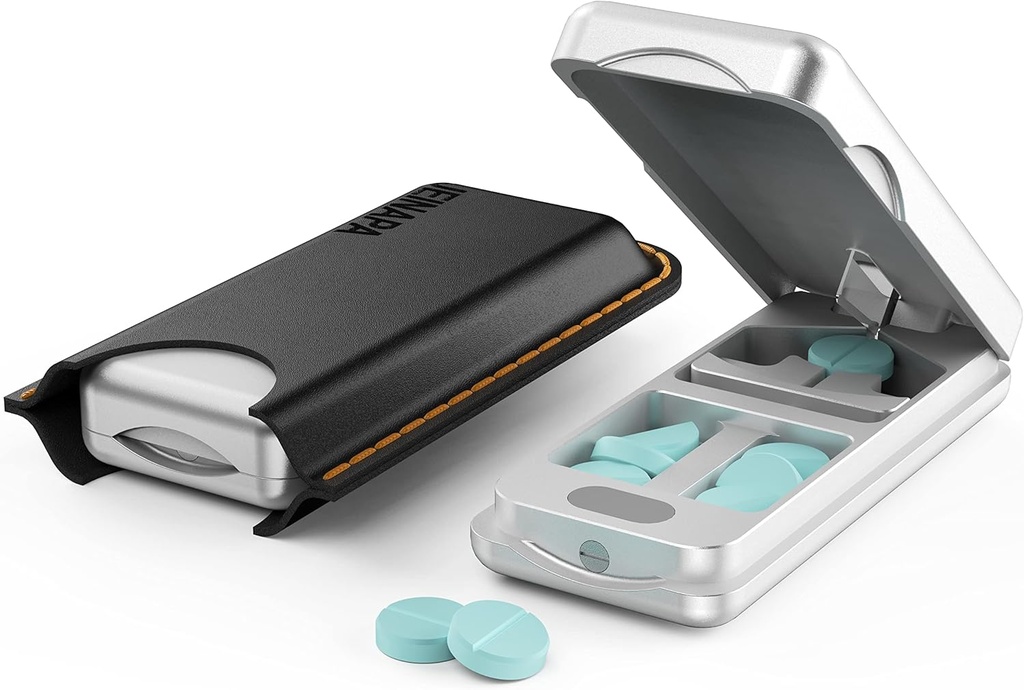 Pill Cutter Auto Centing Device, Aluminum Pill Splitter 316L Stainless Blade, Eredeti bőr eset, Professional Pill Splitter vágására kis vagy nagy tabletták (ezüst)