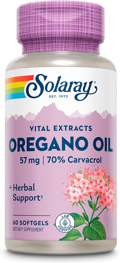SOLARAY Oregano Oil 57 mg - Oil of Oregano Softgels - Herbal Supplements for Overall Health and Wellness Support w/ 70% Carvacrol - Extra Virgin Olive Oil Base, 60-Day Guarantee, 60 Serv, 60 Softgels