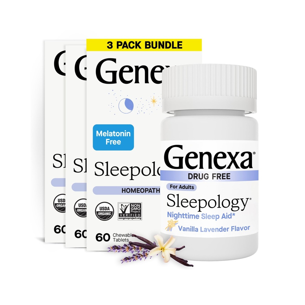 Genexa Sleepology for Adults | Melatonin Free Sleep Calm Aid |Soothing Natural Vanilla & Lavender Flavor | Certified Organic & Non-GMO | Homeopathic Remedy Made Clean | 180 Chewable Tablets (3 Pack)