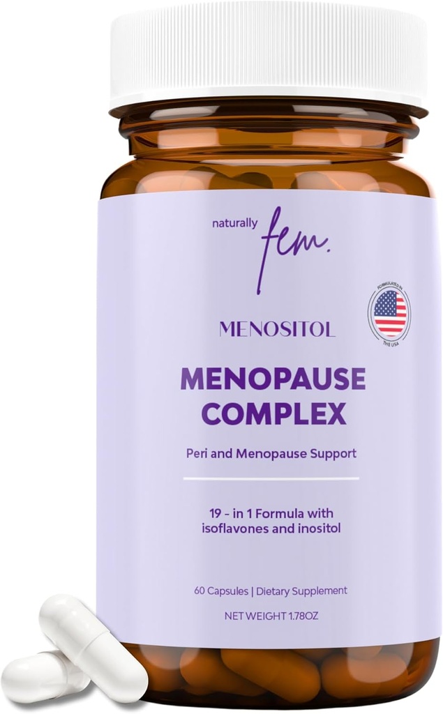 Inositol FEM Menositol 19-i-1 60Caps, Perimenopause & Menopause Supplements for Women Weight Loss with Myo-Inositol, D-chiro och Isoflavones, Control Metabolic Health, 100% Natural, Hormone, SoyFree