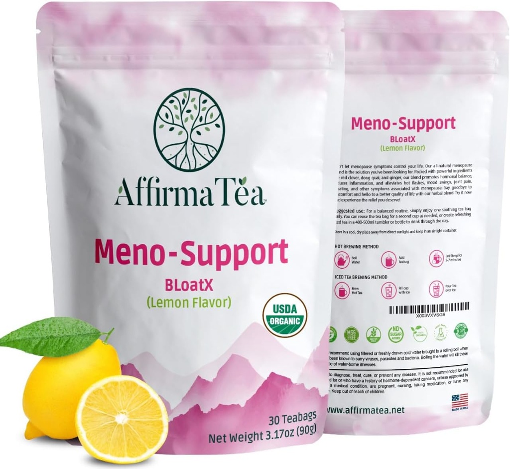 Meno-Support BloatX Organic Menopause Relief: Balances & Support Hot Flashes, Хормони, Moods Swings, Night Sweats, & Bloating with Black Cohosh, Red Clover & Dong Quai. Естествен свеж лимонов аромат.