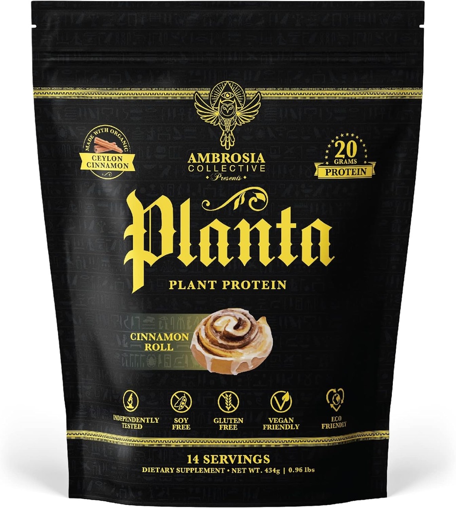 Ambrosia Planta - Premium Plant-Based Protein | Vegan & Keto Friendly | Gourmet smaker utan uppblåsthet eller mage upprörd | Gluten & Soy Free | No Added Sugar | 14 portioner | (Cinnamon Roll)
