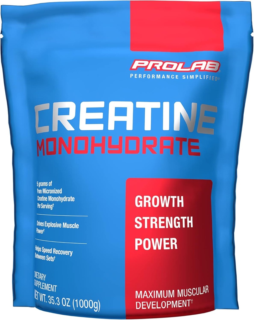ProLab Nutrition Creatine Monohydrate Micronized порошок 1000G, Чистий креатин для міцності м'язів, живлення та витривалість, швидке поглинання, Нефлаворед, 5000mg Per Serv (5g) (200 сервірування)
