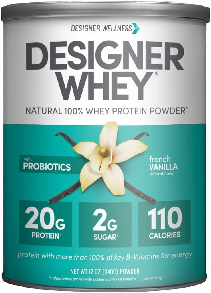 Designer Wellness Designer Whey Natural 100% Whey Protéine Poudre avec Probiotiques, Fibre et Vitamines B clés pour l'énergie, sans gluten, sans OGM, Vanille française 12 oz