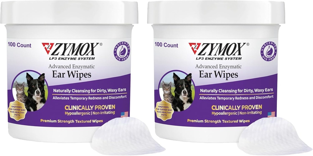 Zymox Advanced Enzymatic Ear Törli kutyák és macskák - a piszkos, viaszos, büdös fül - Premium Strength Ear Cleaner törlőkendők - Non-Irritating - Hypoallergenic (100 Count- Pack 2)