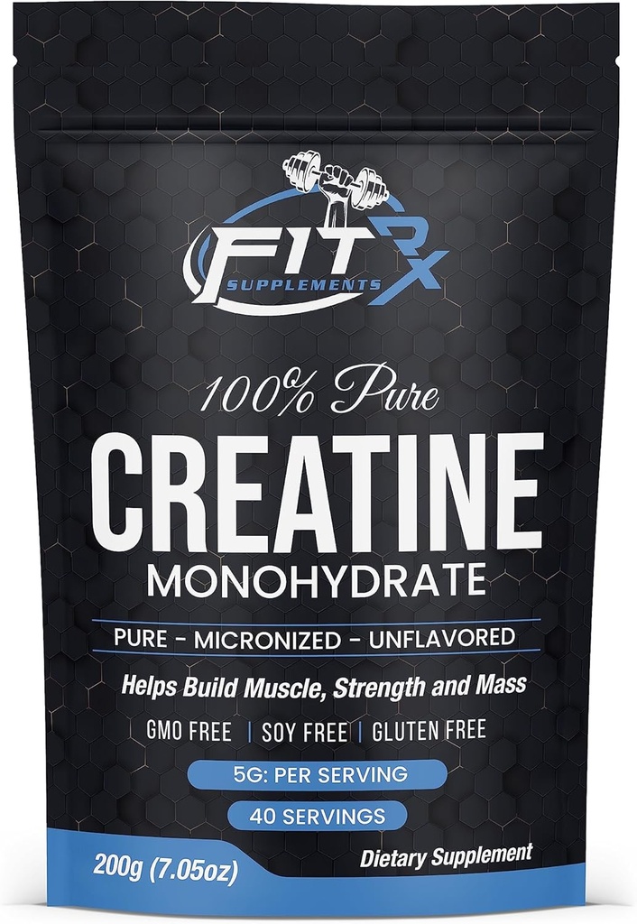 FITRxSupplements.com Pure Kreatin Monohydrat pulver - Null tilsatt ingredienser - Ingen kalorier, 5g per servering, Unflavored 40 Serveringer, 200g, Hurtigoppløselig
