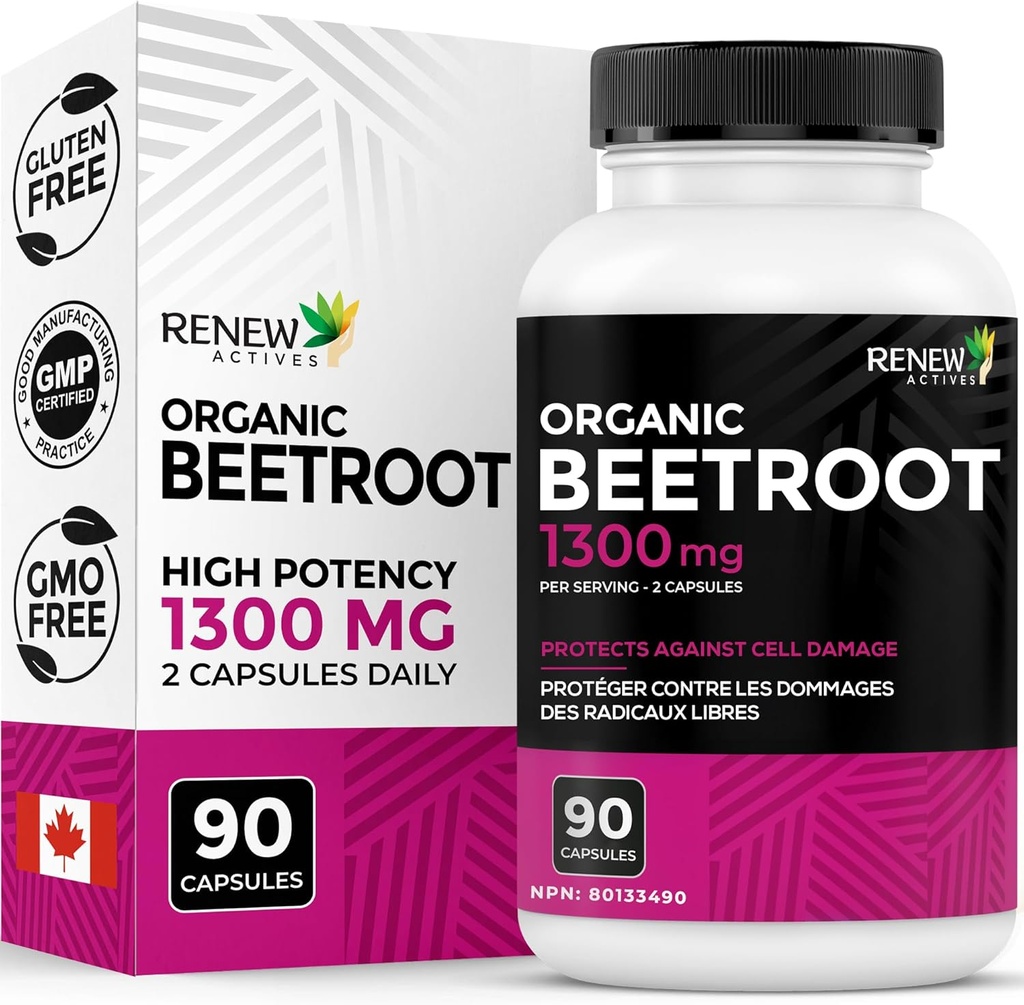 Renew Actives Organic Beetroot Supplement 1300MG 2 Kapsüls - Circulation, Natural Energy və Antioksid Faydaları üçün Pure Beetroot Toz - High-Potency Superfood, Kanadada Made - 90 Capsules