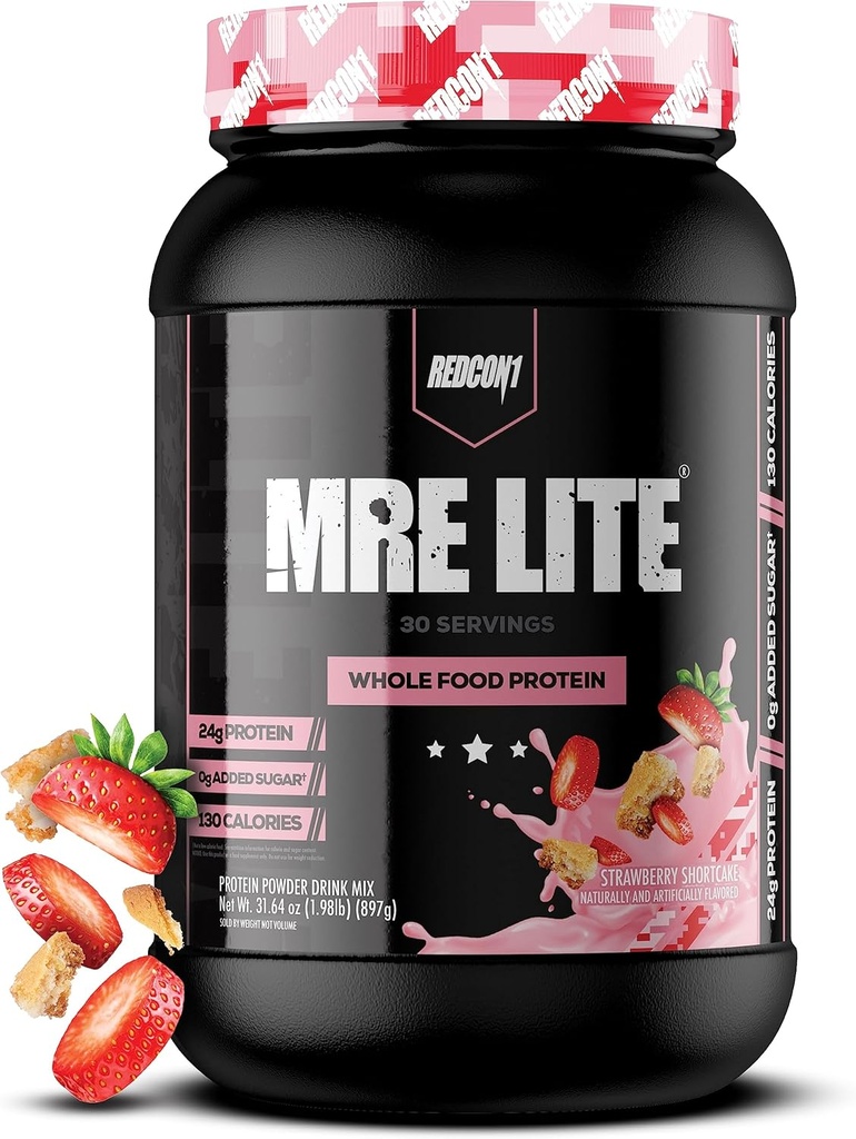 REDCON1 MRE Lite Whole Food Protein Powder, Strawberry Shortcake - Low Carb & Wehey Free Meal Replacement with Animal Protein Blends - Easy to Digest Supplement Made with MCT Oils (30 Servings)