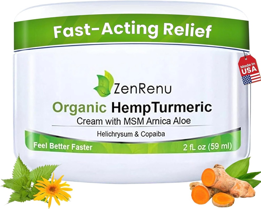 Zenrenu Organik Hemp Turmeric Joints & Muscle Cream dengan Arnica, MSM, Hemp Oil Extract, & 7 Esculity Oil - Non Grease & Fast Absorbing for Back, Neck, Elbows, Knee, & Hip 4 oz