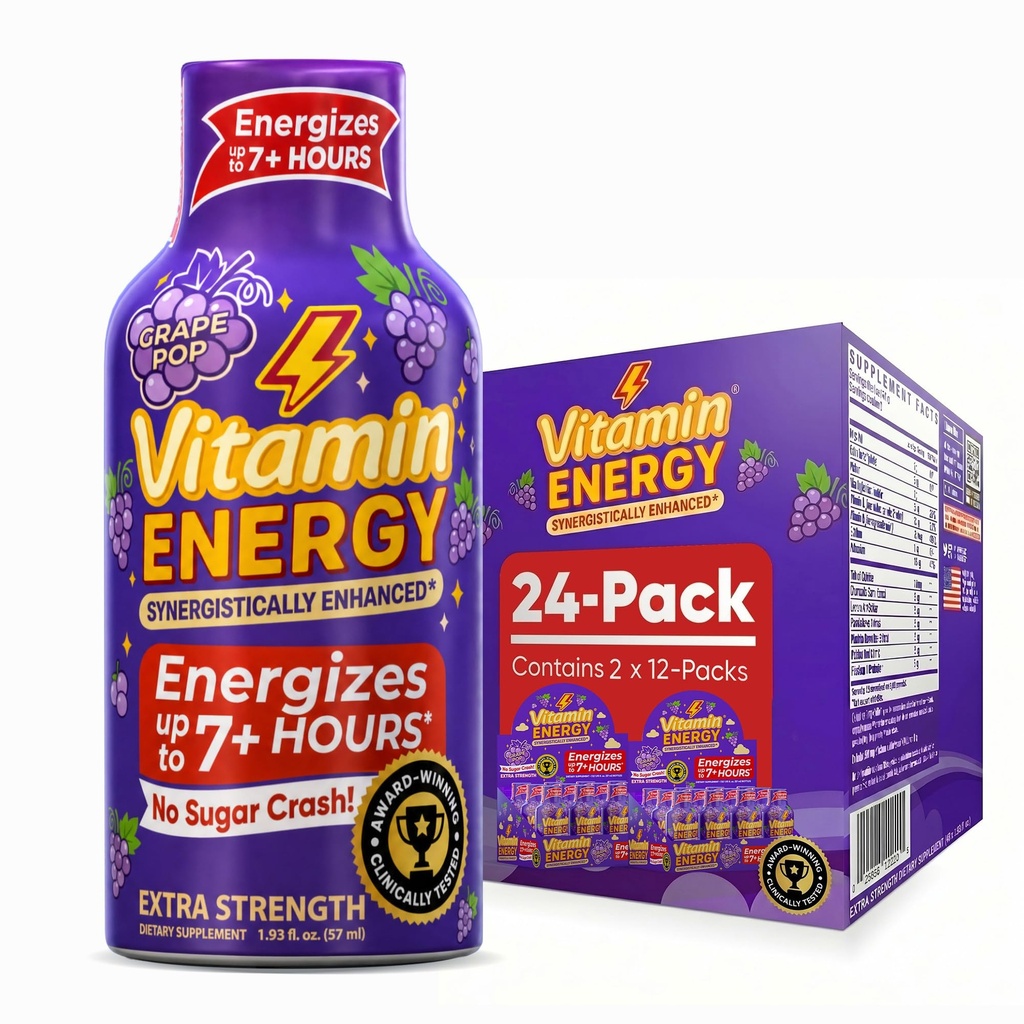 Vitamin Energy Grape Pop Extra Strength Energy Shot, 24 Pack - Up to 7 Hrs, 260mg Natural Caffeine, Zero Sugar - Green Tea Extract, Immune Support, B12 B6 Niacin, 1.93 fl oz, Keto Vegan