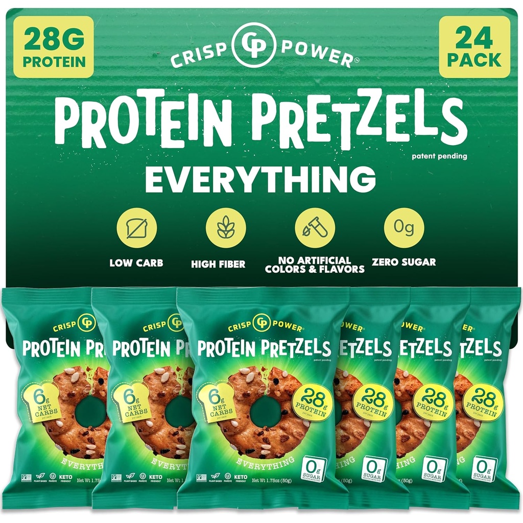 Crisp Power Protein Gretzels, Everything, High Protein Vegen Keto Snack, 28 G Plant Based Protein, Low Carb Crunchy Gretzel Snacks, Sugar Free, No Seed Oils, 1.75 oz Bags, 24 Pack