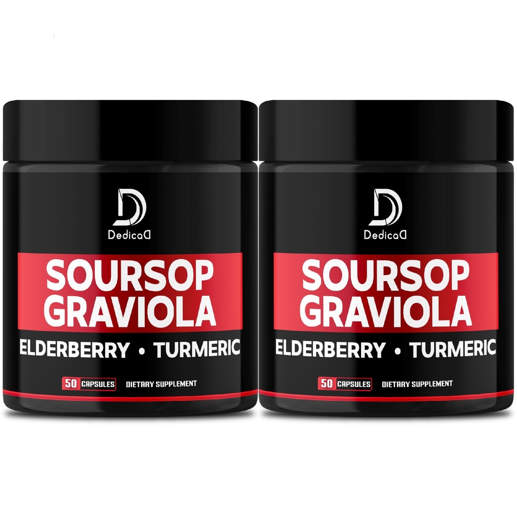 DEDICAD Graviola Soursop Leaves Capsules - 2 Packs 50 Capsules for 100-Day Supply - 11in1 Extract with Elderberry, Turmeric, Ginger, Milk Thistle, Cranberry & More - Support Mood, Immune & Body Health