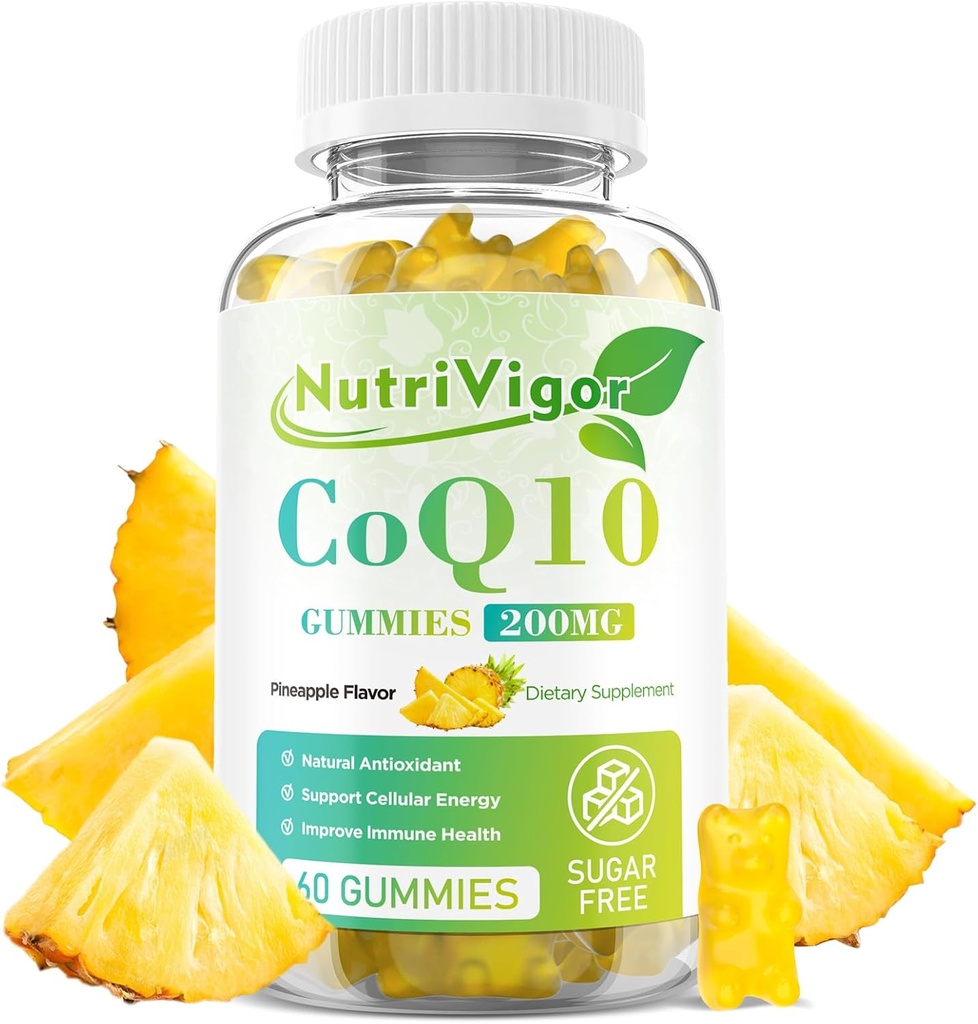CoQ10 Gummies, Coenzym Q10 dodatek 200 mg, vysoká absorpce CoQ10 dodatek pro buněčnou energii a imunitní zdraví, vegan, gluten zdarma, ananasový flavor, 60 Počet