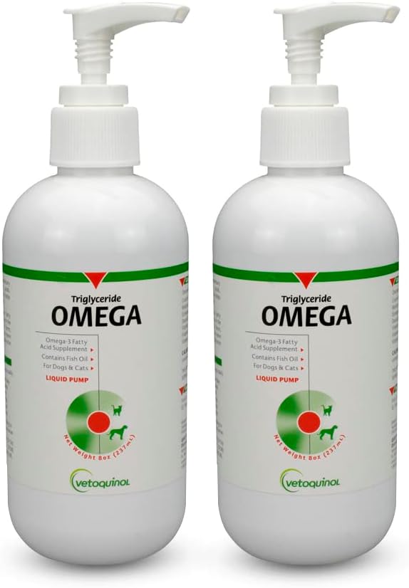 Vetoquinol Triglyceride Liquid Omega 3 Supplement for Dogs & Cats, Liquid Fish Oil Supplement w/EPA and DHA, Promotes Skin, Coat, Joint, & Immune Health, Omega 3 Fish Oil for Dogs & Cats, 8oz, 2 Pack