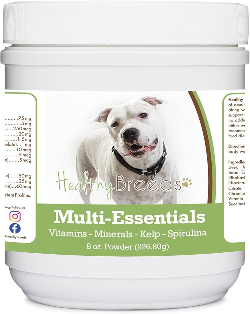 Hazkuntza osasungarriak Pit Bull, White, Multisentials Powder txakurrentzat - bitamina, mineral eta antioxidatzaileen osagarri ezin hobea zure txakurrari - 8 oz