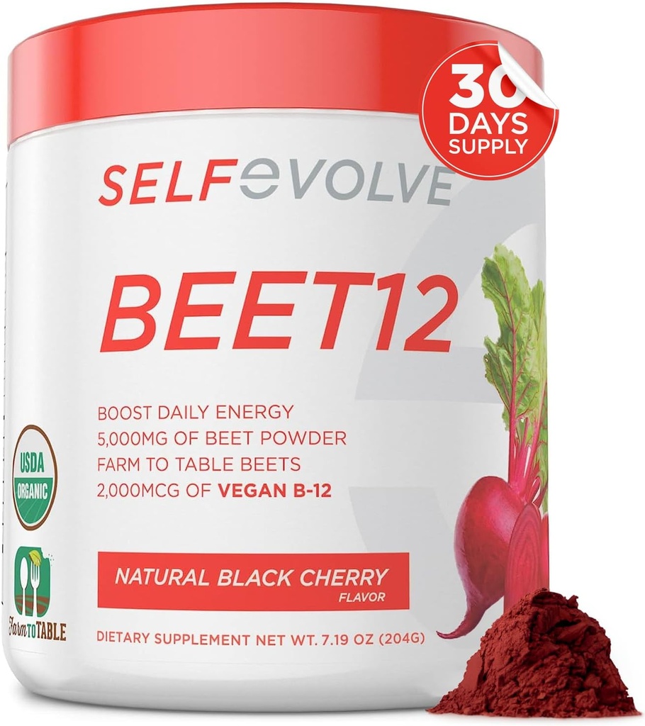 Selfevolve Beet12 - Organic Beet Root Toz Vitamin B12, Nitric oksigen, Beet Juice Toz Support Natural Energy, Black Cherry Flavor ilə Beet Toz, 30 Xidmət