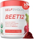 selfevolve Beet12 - Organic Beet Root Powder Enhanced with Vitamin B12, Nitric Oxide Booster, Beet Juice Powder Support Natural Energy, Beet Powder with Black Cherry Flavor, 30 Servings