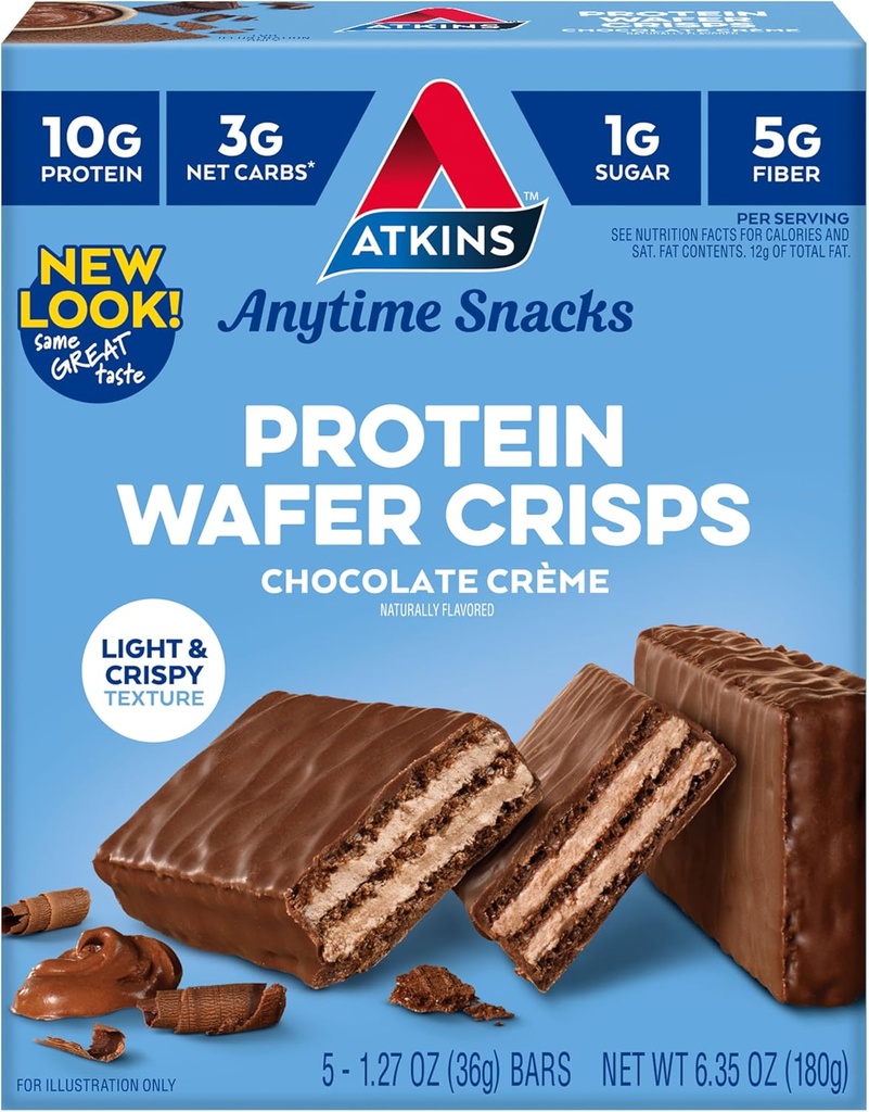 Atkins Chocolate Crème Protein Wafer Crisps, Protein Dessert, 4g Net Carb, 1g Sugar, High in Fiber, Keto Friendly, 5 count