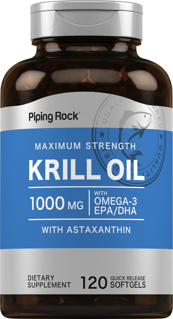 Piping Rock Krill Oil Omega 3 Softgel Capsules | 1000mg | 120 Count | EPA DHA Supplement with Astaxanthin | Maximum Strength | Non-GMO, Gluten Free