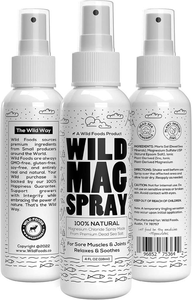Wild Magnesium Spray från Döda havet Salt - Naturliga ingredienser - 100% ren magnesiumspray - Säker och effektiv - Muskler kramper, gemensam spänning, stresshantering