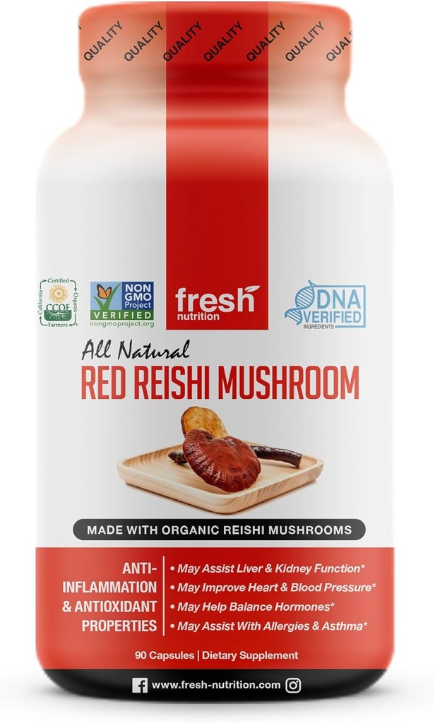 Taze Beslenme Organik Reishi Mushroom Capsules - Alfa Glucan'da Zengin - Ganoderma Lucidum & Ganoderma Applanatim - Üçüncü Parti Test Edildi - 90 Capsules /Pills
