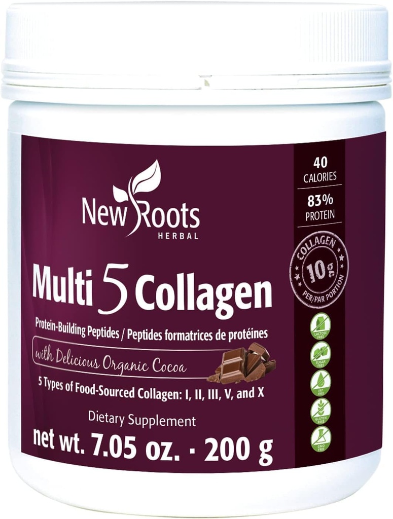 NEW ROOTS HERBAL Multi 5 Coco Collagen Toz Təhlükəli (Titan I, II, III, V və X) Hidrolyzed Collagen - Sütun və Gluten Pulsuz - 12g - Chocolate Flavor, 7.05 oz