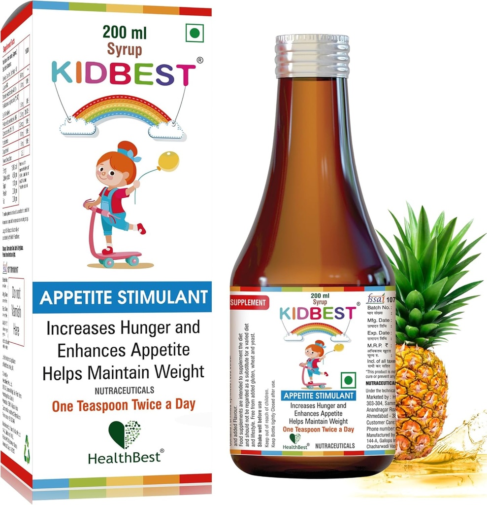 HealthBest Kidbest Appetite Booster для дітей 3-13 Yrs з L-Lysine & B Вітаміни Syrup, Допомагає здоровий жир Gain, Pineapple Flavor, Підвищує голод, пристосувати stimulation, 200мл