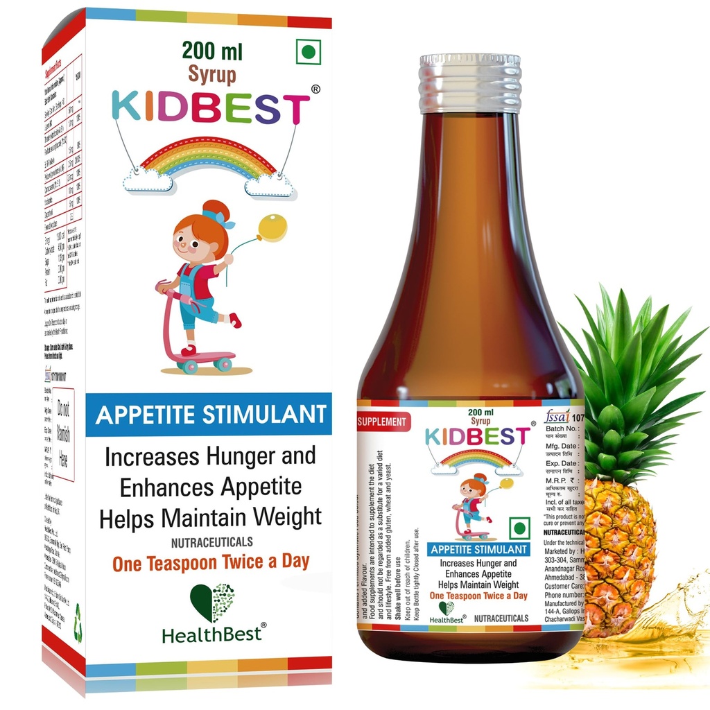 HealthBest Kidbest Appetite Booster for Kids 3-13 Yrs with L-Lysine & B Vitamins Syrup, Helps Healthy Weight Gain, Pineapple Flavor, Increases Hunger, Appetite Stimulant, 200ml