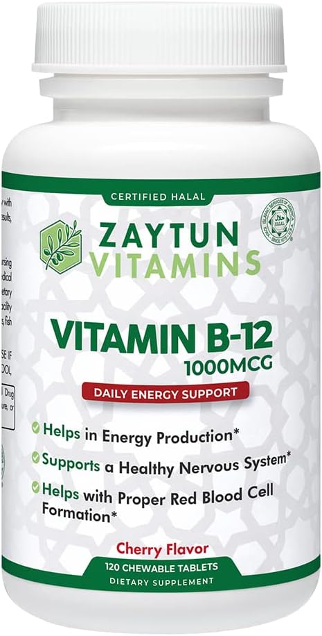Zaytun Halal Vitamina B12 1000mcg, Promove a produção de energia, metabolismo e sistema nervoso saudável - Vegetarianos e Vegans Fórmula - Dairy-Free - 4 Meses Fornecimento - Made in USA