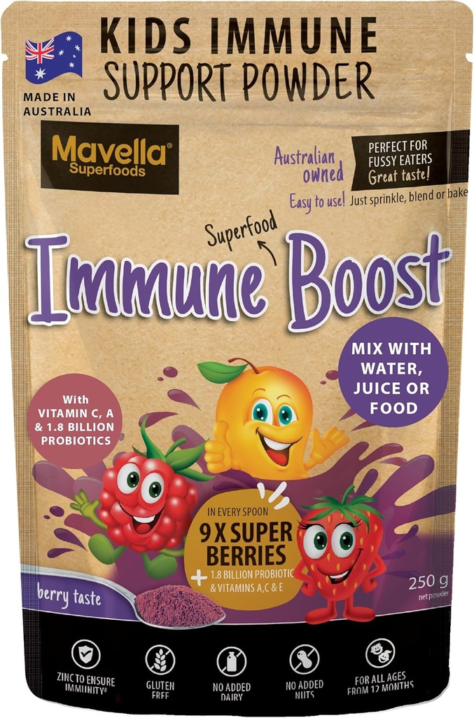 Kinderen Immuun Ondersteuning Poeder - Immuunsysteem Ondersteuning met vitamine C A + E, Magnesium & Probiotica voor met 9 Superbessen - Berry Proste Immuun Gummies Alternatieve 8.82oz (250g)