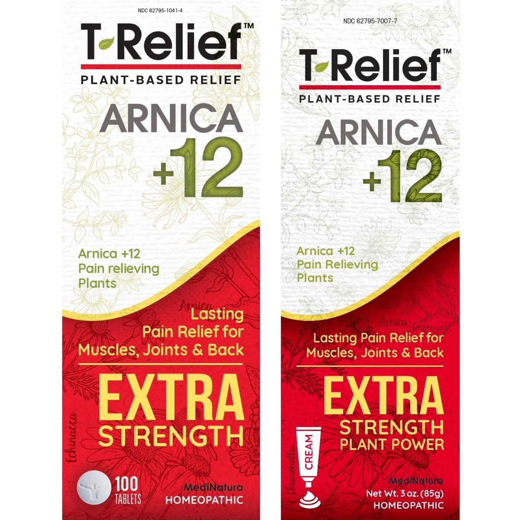 MediNatura T-Relief Extra Strength Pain Relief Arnica +12 Plant-Based Pain Relievers 100ct Tablets T-Relief Extra Strength Pain Relief 3oz Cream Bundle