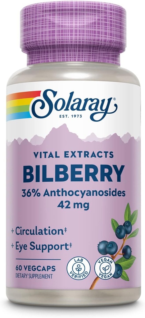 SOLARAY Bilberry Berry Extract 42 mg, Eye Health & Circulation Support, with 36% Anthocyanosides, Vegan, 60 VegCaps