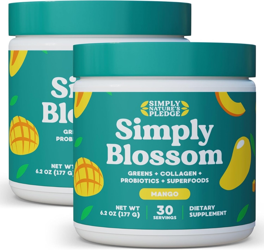 Simplesmente Blossom Nutrition Daily Greens & Superfood Powder + Colágeno + Probióticos para a Saúde Digestiva da Mulher & Bloating Alief. Ajude sua saúde Bloom - 2 meses de abastecimento - manga