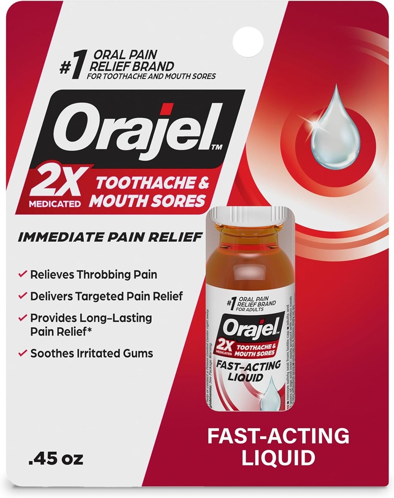 Orajel 2X Medicated Toothache " Mouth Sores Liquid, 0.45 fl oz