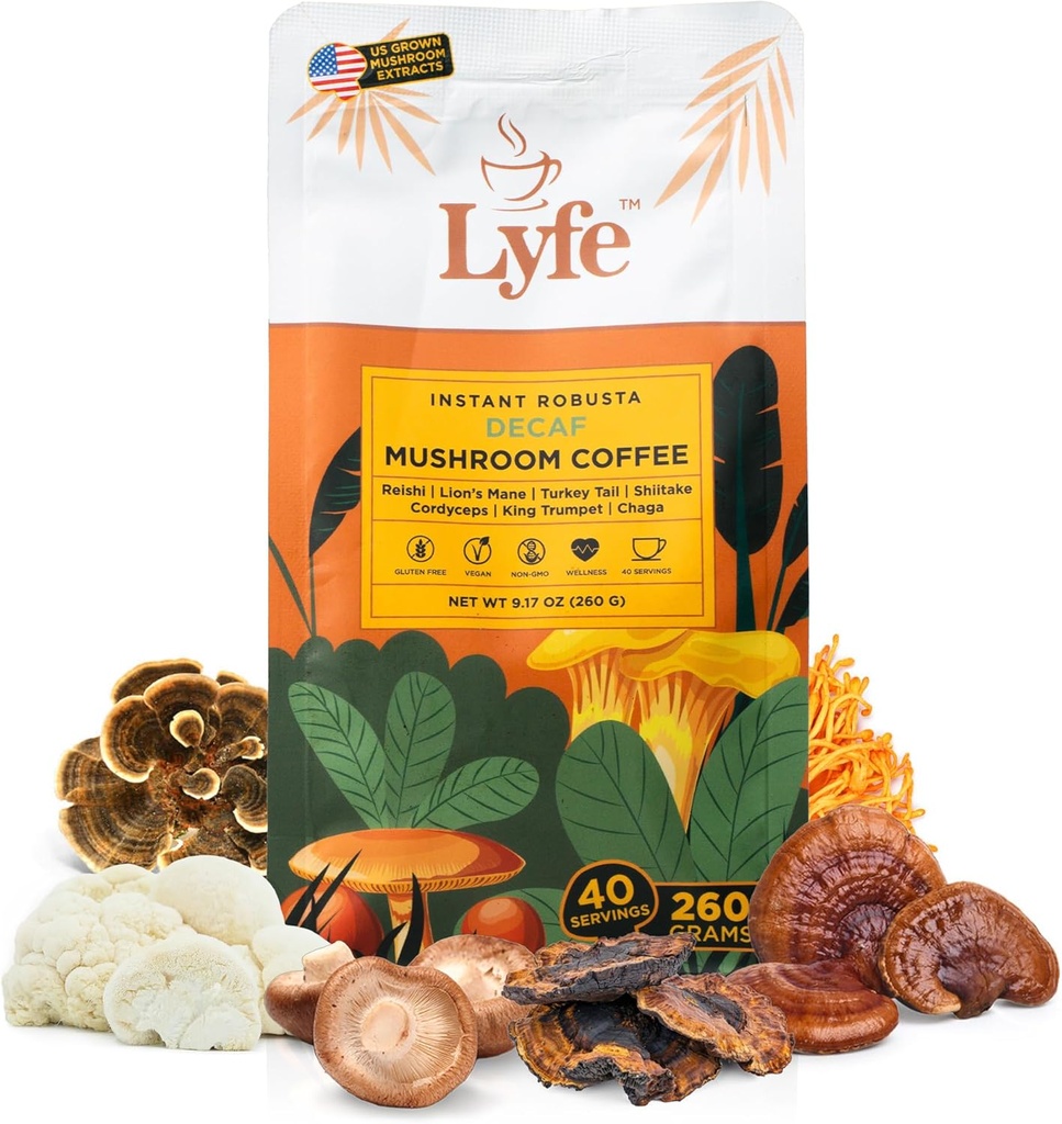 LYFE Organic Instant Decaf Houba Coffee - Lion 's Mane, Chaga, Cordyceps, Turecko Orel 124; USA Grown Adaptogenní houby pro lepší energii, Focus, Gut Health, Imunity - 40 Služeb