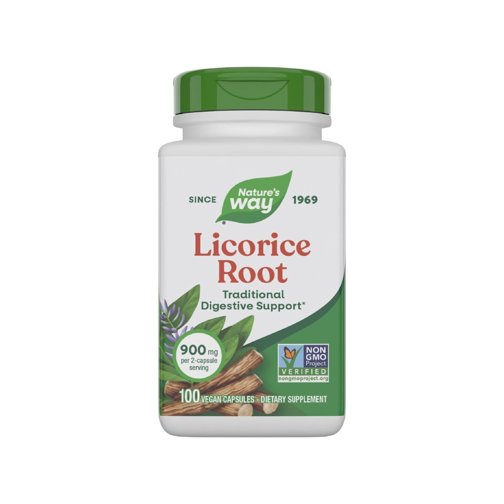 Nature's Way Licorice Root, Traditional Digestive Support Supplement*, 900 mg per 2-Capsule Serving, Non-GMO Project Verified, 100 Vegan Capsules (Packaging May Vary)