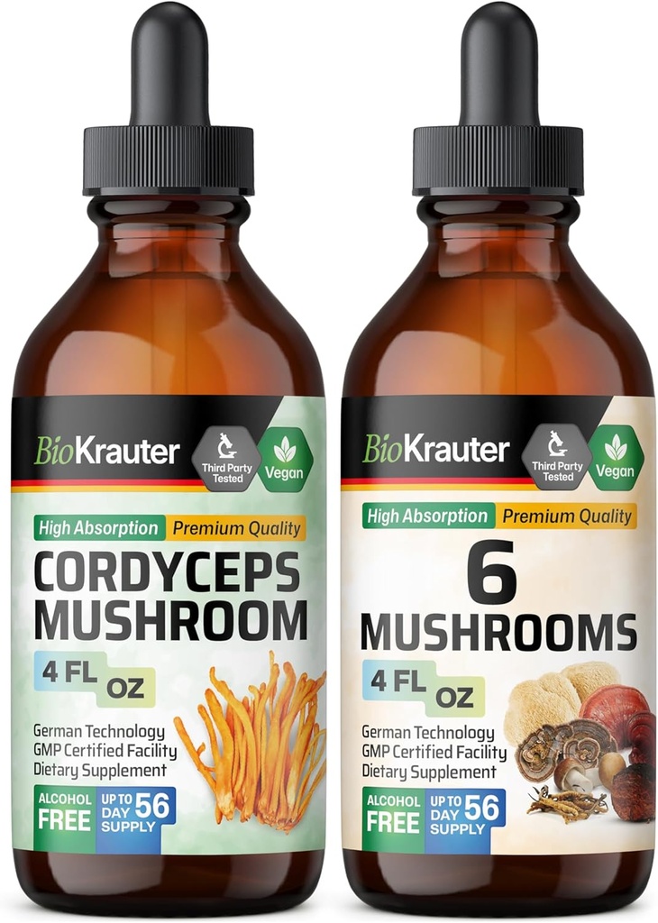 BIO KRAUTER Cordyceps onddoa Tincture 4 Fl. Oz. & 6 perretxiko Tincture 4 Fl. Oz.