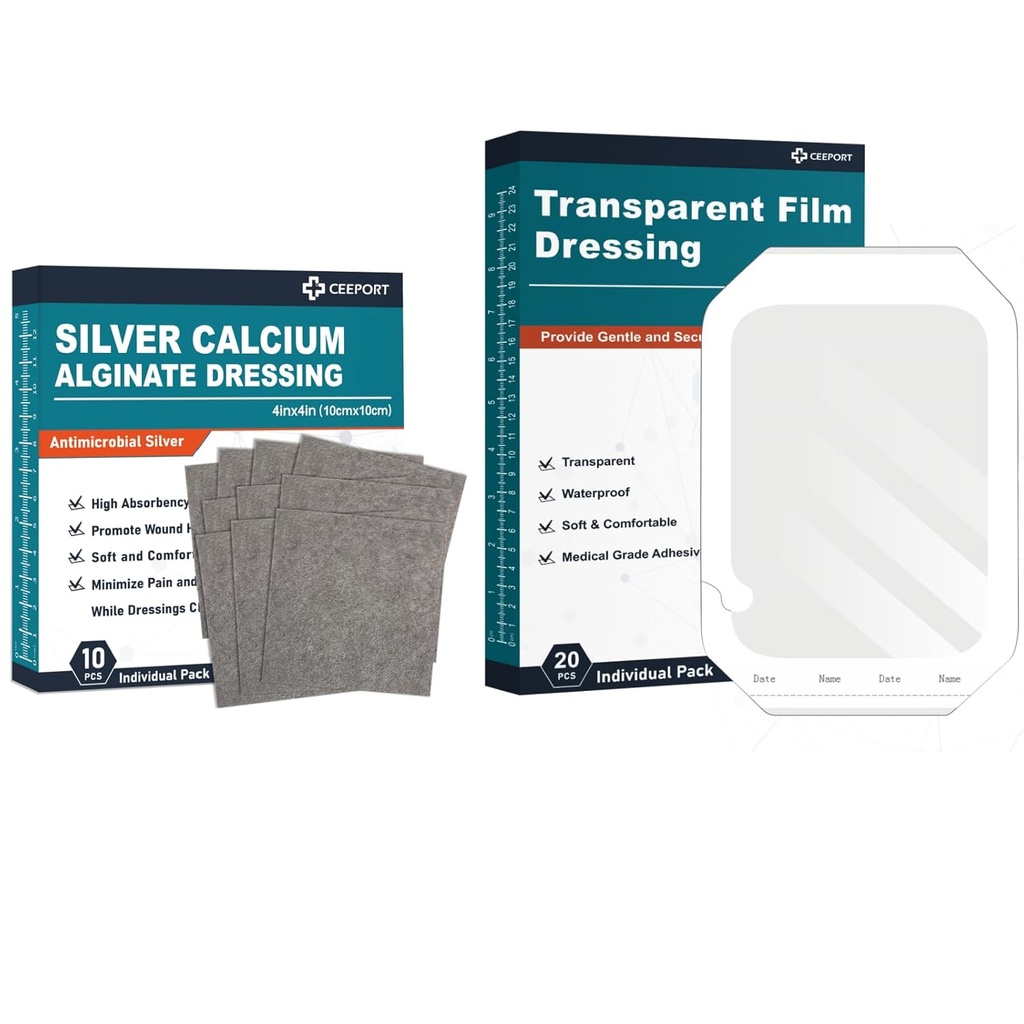 Silver Calcium Alginate Dressing (4'x4' 10ks) +Transparent Film Dressing (6" x 8" 20Pcs)