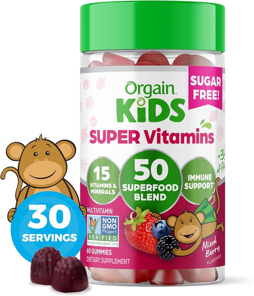 Orgain Kids Free Sweet Multivitamin Gummys, Vegan & Plant Based, 50 超级食品, 15 维生素和矿物, 免疫支持和3g 纤维, 混合莓, 4岁+, 1个月供应(60 古米)