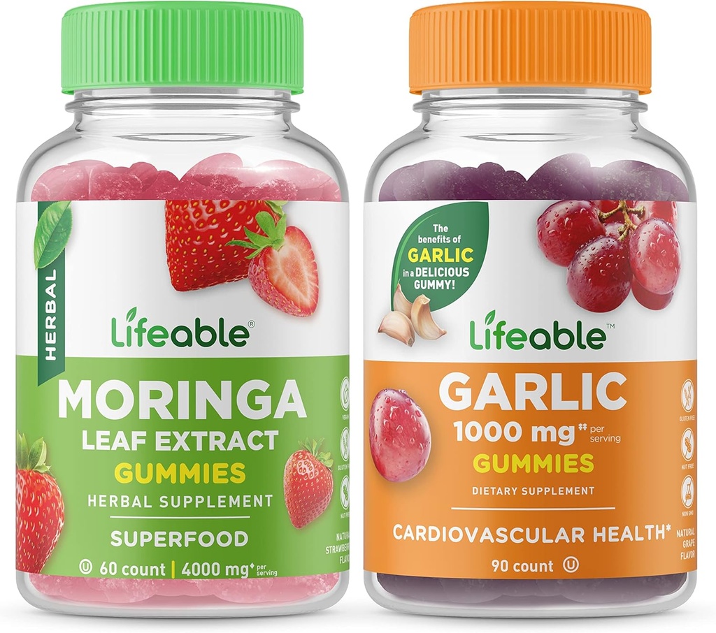 Livbar Moringa Leaf + hvitløk 1000mg, Gummies Bundle - Great Tasting, Vitamin Supplement, Glutenfri, GMO Gratis, Chewable Gummy
