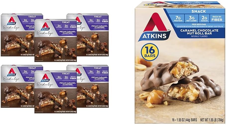 Atkins Pecan Caramel Clusters 60 Count, Caramel Chocolate Nut Roll Snack Bar 16 Count