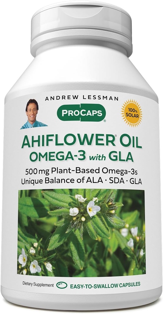 ANDREW LESSMAN Ahiflower Omega-3 with GLA - 60 Softgels - Uniquely Balanced, Plant-Based Source of Essential Omega-3 Fatty acids. No Stomach Upset, Contaminants or Mercury. Easy to Swallow