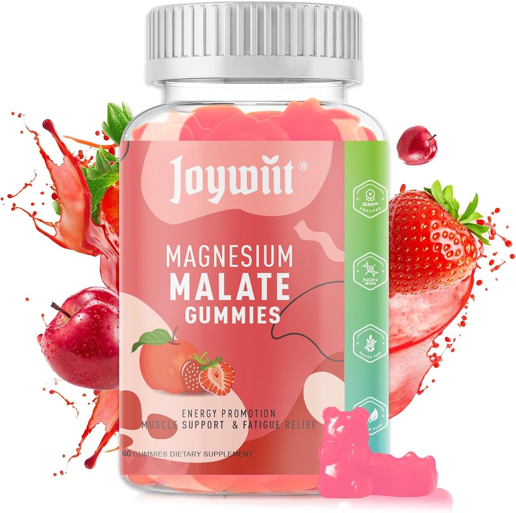Malato de magnesio Gummies 1000mg | Malato de magnesio con L-Theanina, CoQ10 e vitamina B6 | Alto alivio do estrés de potencia e apoio muscular | Non-GMO, Vegan, Gluten-Free | 60 Chewable