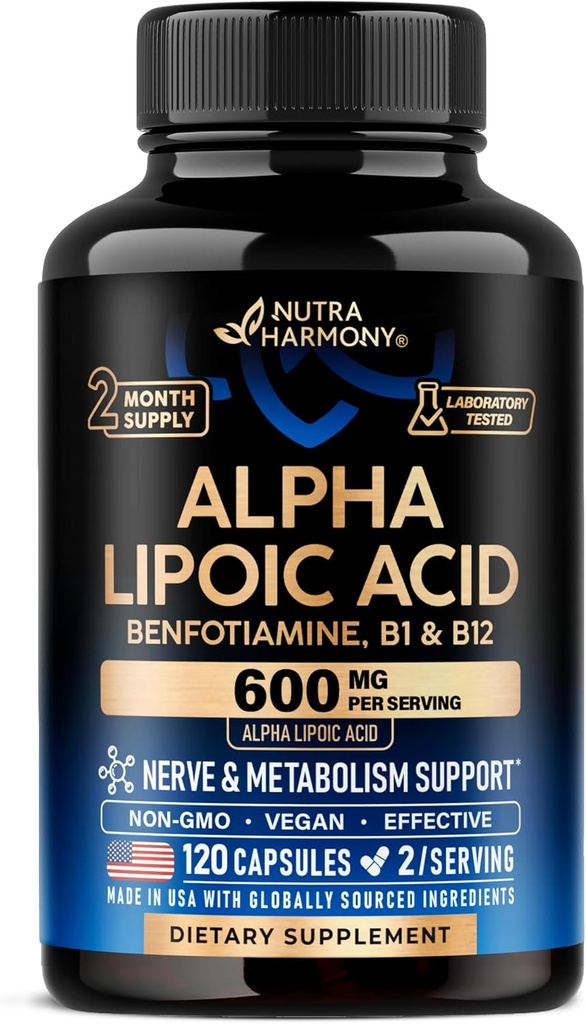 Alpha Lipoic Acid 600mg - Nerve, Energy & Metabolism Support - Benfotiamin, B1 və B12 ilə Extra Strength - Lab Tested, Qeyri-GMO & Vegan - 120 Kapsül, 2 Ay Supply