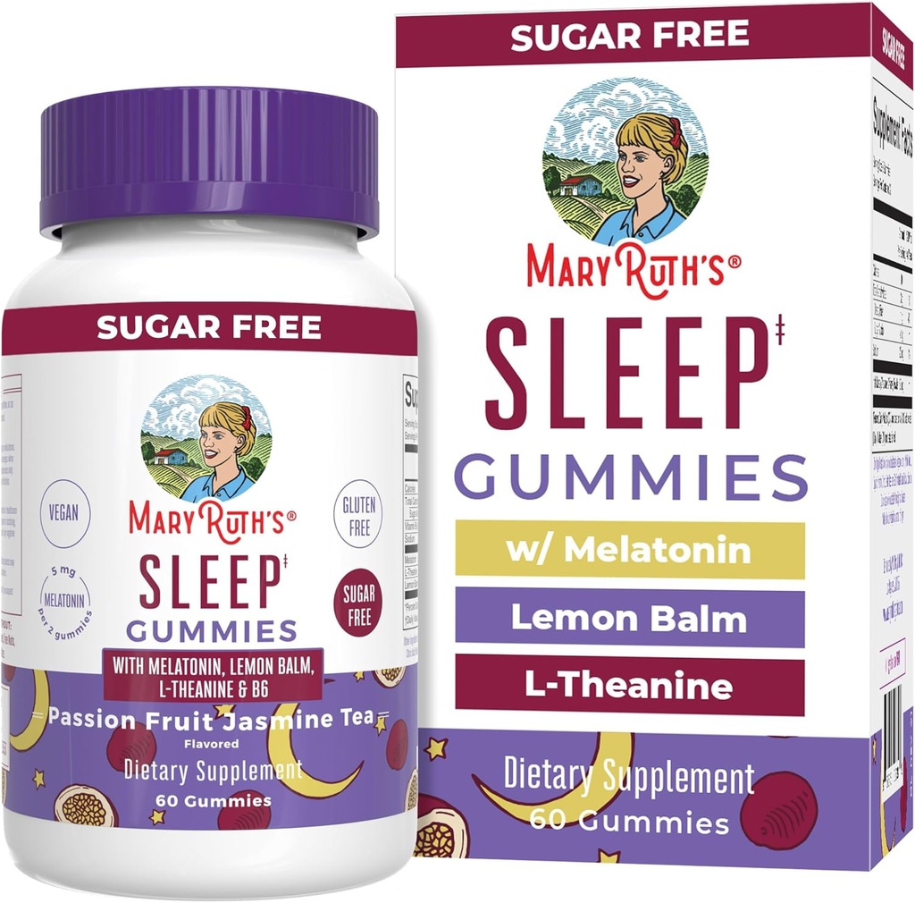 MaryRuth Organics Melatonin 5mg Sleep Gummy L-Theanine-rekin | Lemon Balm | B6 bitamina | Sugar-free | Relaxation | Vegan | Non-GMO | Gluten Free | 60 Count