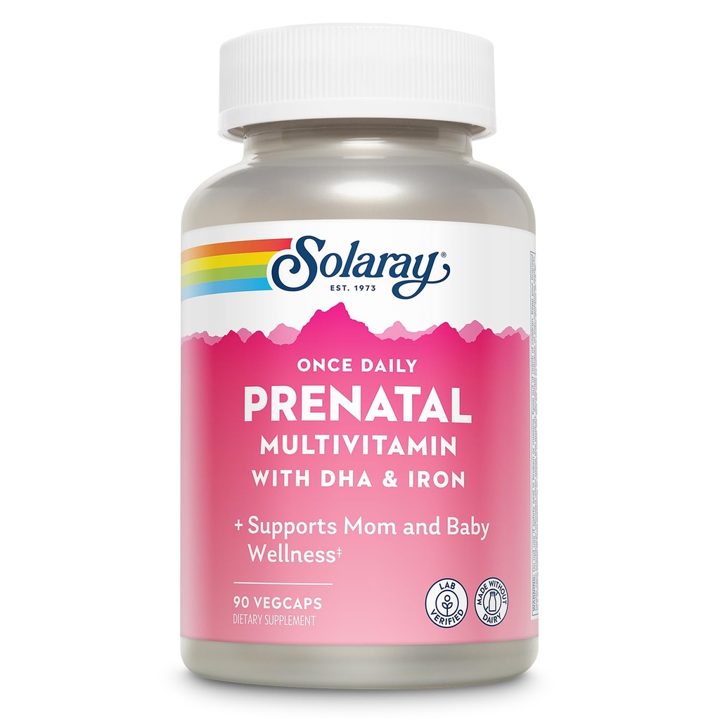 SOLARAY Once Daily Prenatal Multivitamin with DHA & Iron, Prenatal Vitamins and Minerals for Expectant Mothers, Easy Morning Herbal Blend & Whole Food Base, Lab Verified, 90 Servings, 90 VegCaps
