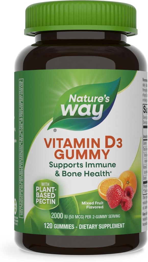 自然维他命D3 Gummys,支持Immune和Bone Health*,2000 IU(50 mcg)/2-gumies服务,维生素D3 2000IU/2 Gummys,混合水果燃烧,120个计数