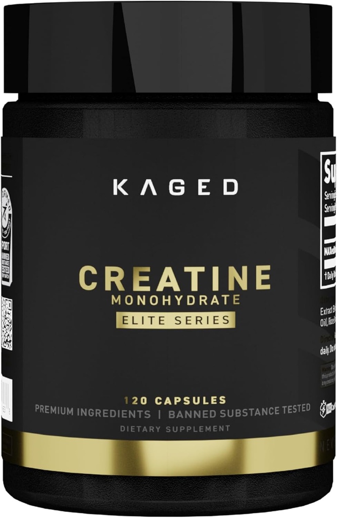 Kaged CREATINE MONOHYDRATE Elite Capsules Unflavored Muscle Recovery və Kişilər və Qadınlar, Vegan, Asanlıqlı, Gluten Pulsuz, No Sugar əlavə